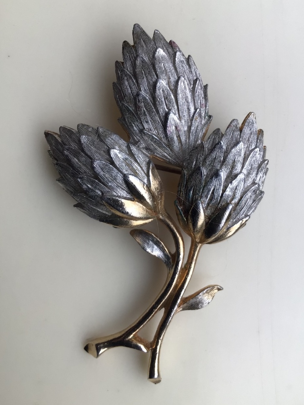 Vintage Signed Hobé Brooch with Gold and Silver-tone Brushed Metal Flowers